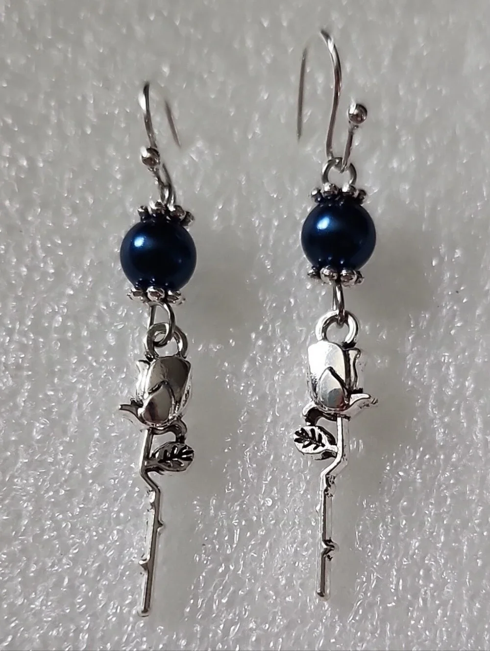 Hand Crafted Navy Blue Pearl Rose Dangle Earrings